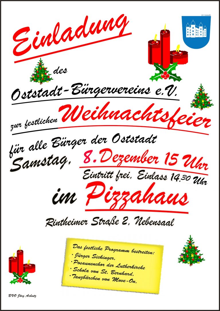 Einladung zur Weihnachtsfeier! Bürgerverein der Oststadt e.V.